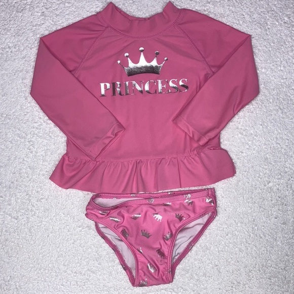 Nwot pink princess silver crowns long sleeve rashguard and bikini bottoms 18/24m - Picture 1 of 7